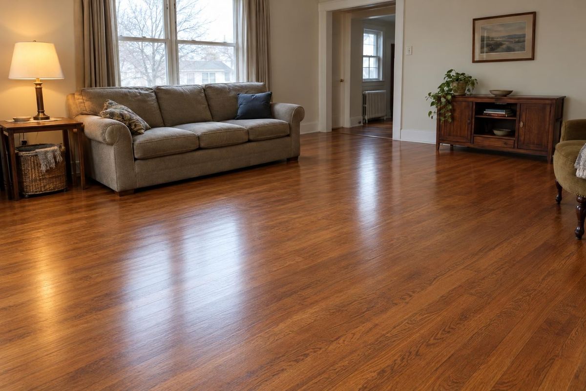 Worn, scratched hardwood, now refinished, after the work