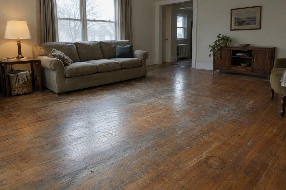 Worn, scratched hardwood, now refinished, before
